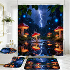 4PCS Mushroom Bathroom Shower Curtain Set with Rugs, Toilet Lid Cover and Bath Mat, Moon and Stars with 12 Hooks, Durable Bathroom Decor Set