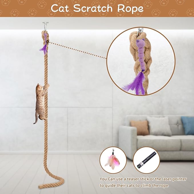 2" x 9.84Ft Cat Climbing Jute Rope with Hook for Wall & Ceiling