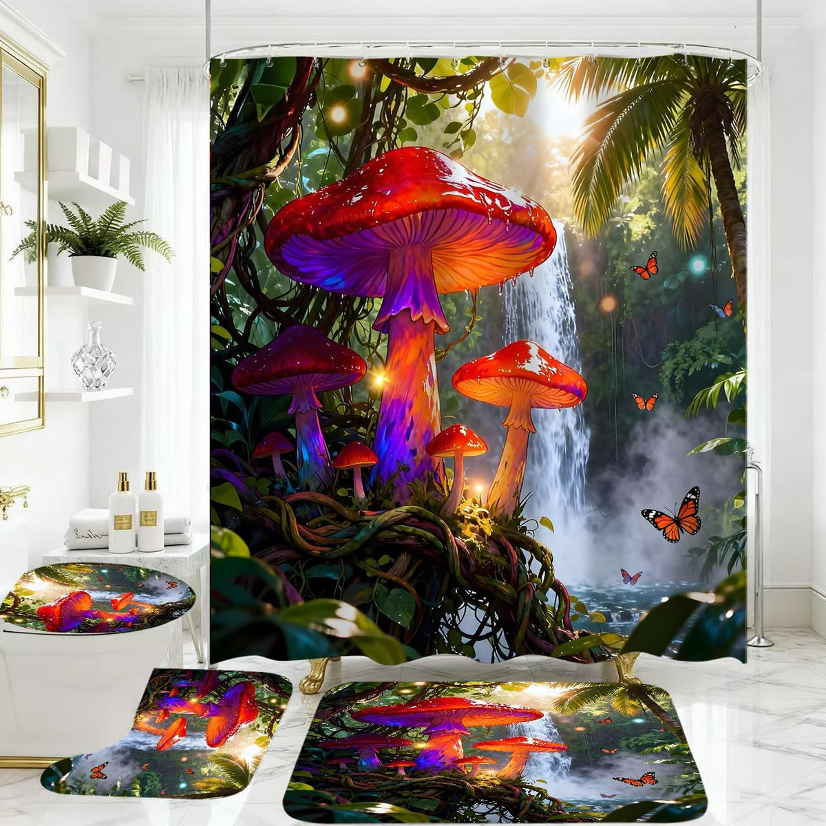4PCS Mushroom Bathroom Shower Curtain Set with Rugs, Toilet Lid Cover and Bath Mat, Moon and Stars with 12 Hooks, Durable Bathroom Decor Set
