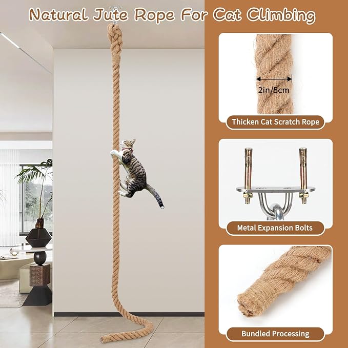 2" x 9.84Ft Cat Climbing Jute Rope with Hook for Wall & Ceiling