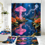 4PCS Mushroom Bathroom Shower Curtain Set with Rugs, Toilet Lid Cover and Bath Mat, Moon and Stars with 12 Hooks, Durable Bathroom Decor Set