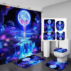 4PCS Mushroom Bathroom Shower Curtain Set with Rugs, Toilet Lid Cover and Bath Mat, Moon and Stars with 12 Hooks, Durable Bathroom Decor Set