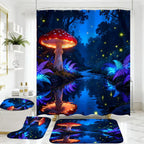 4PCS Mushroom Bathroom Shower Curtain Set with Rugs, Toilet Lid Cover and Bath Mat, Moon and Stars with 12 Hooks, Durable Bathroom Decor Set