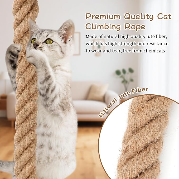2" x 9.84Ft Cat Climbing Jute Rope with Hook for Wall & Ceiling