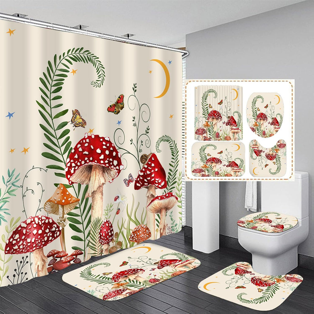 4PCS Mushroom Bathroom Shower Curtain Set with Rugs, Toilet Lid Cover and Bath Mat, Moon and Stars with 12 Hooks, Durable Bathroom Decor Set
