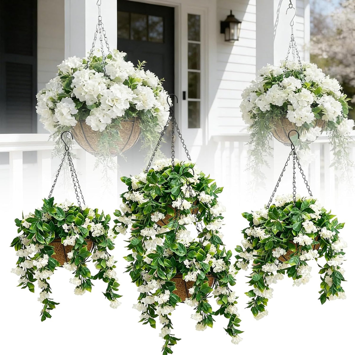Faux Crepe Myrtle Hanging Baskets, UV Resistant Fake Hanging Plants with Basket, Realistic Artificial Hanging Flowers for Outdoors Outside Patio Garden Porch Balcony Yard Decor (2pcs Pink)