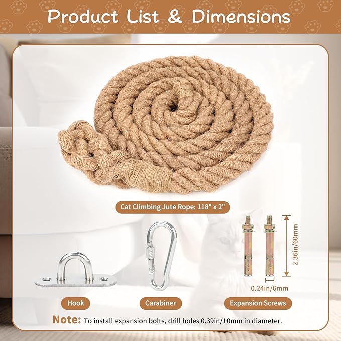 2" x 9.84Ft Cat Climbing Jute Rope with Hook for Wall & Ceiling