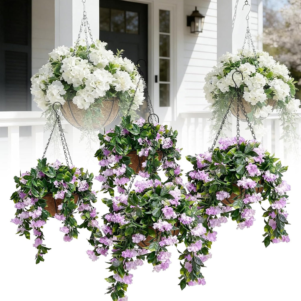 Faux Crepe Myrtle Hanging Baskets, UV Resistant Fake Hanging Plants with Basket, Realistic Artificial Hanging Flowers for Outdoors Outside Patio Garden Porch Balcony Yard Decor (2pcs Pink)