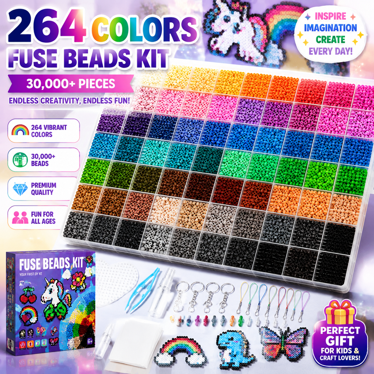 264 Colors Ultimate Fuse Beads Kit – 300,000+ Pieces DIY Pixel Art Craft Set for Kids & Adults